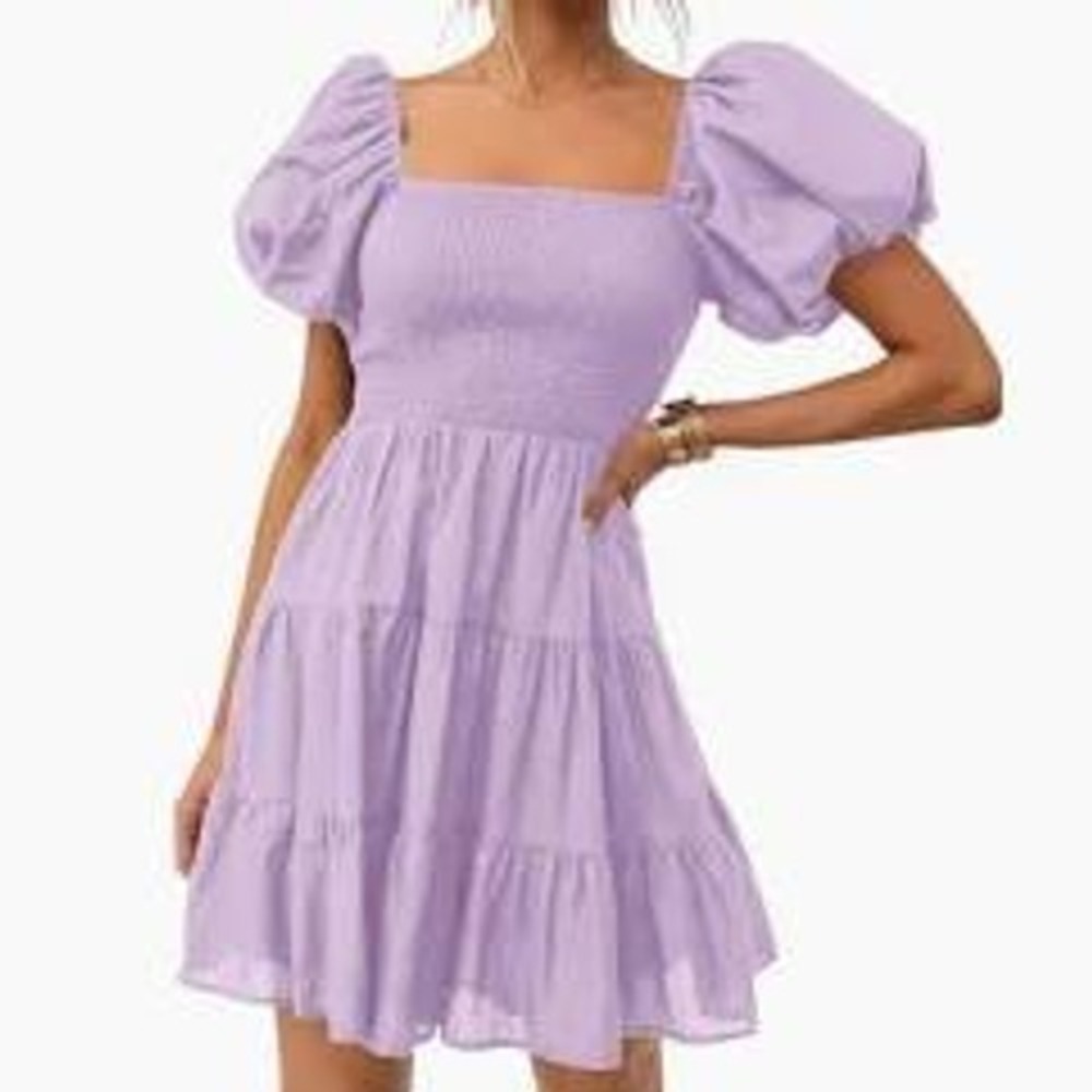 ZESICA Women's XL Purple Dress Smocked Puff Sleeve Tiered Mini Cottagecore Boho‎